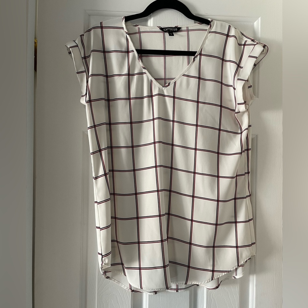 Express business casual blouse, white with black and red pin stripes